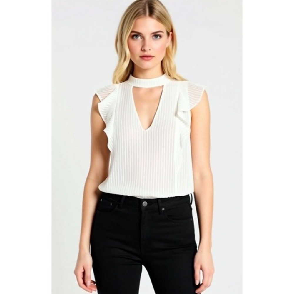 ASTR The Label White Striped Ruffle‎ Choker Neck V-Neck Sleeveless Blouse Top